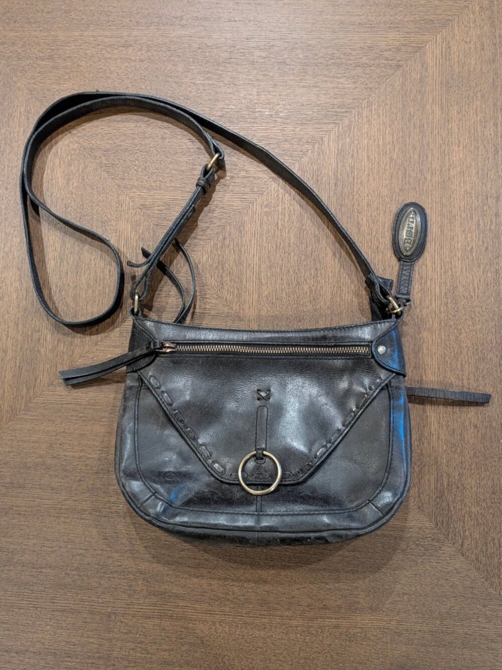 Born Black Leather Crossbody Bag Ring Detail Brass Hardware AS IS Torn Lining